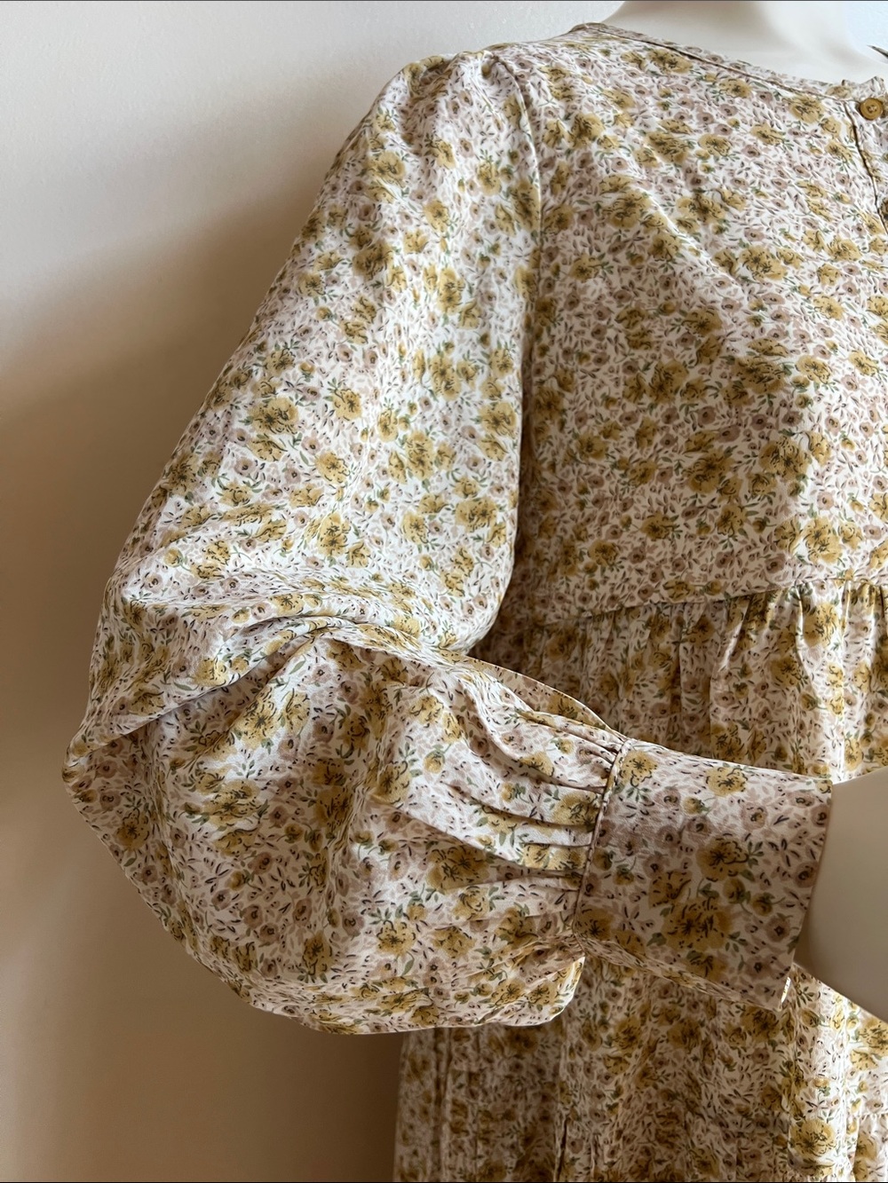 in loom Tiered Yellow Floral Maxi Dress with Button Yoke balloon sleeve cottage - Picture 3 of 8